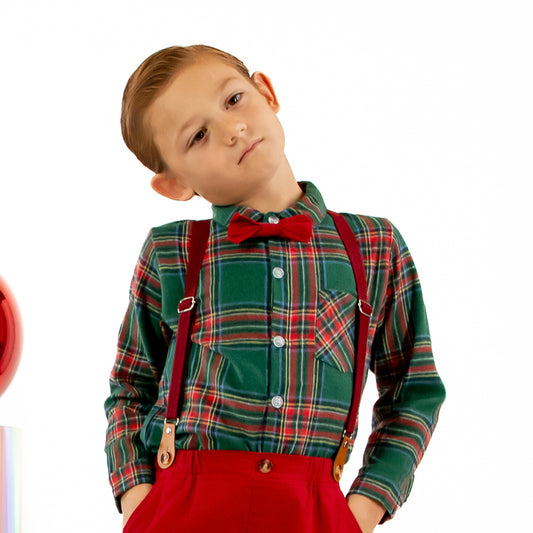 A Leading Role Premium Child Festive Plaid Button Up and Bow Tie Set